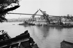 Hungary, Margit Islands, Budapest, a lerombolt Margit híd újjáépítésén dolgozó Ady Endre és József Attila úszódaru, a felvétel a Margitsziget partjáról a roncsok kiemelésekor készült. Fent a híd pillérein épült, fajármokra szerelt, közművezetékeket is hordozó kábelhíd látható., 1947, Vízkelety László, wrecked bridge, ship crane, Fortepan #266256