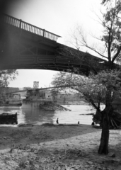 Hungary, Margit Islands, Budapest, a felvétel a Margitsziget partjáról, a szigeti lejárónál, a lerombolt Margit híd roncsainak kiemelésekor készült. Háttérben a híd pillérein épült, fajármokra szerelt, közművezetékeket is hordozó kábelhíd látható., 1947, Vízkelety László, wrecked bridge, Fortepan #266268