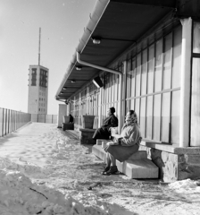 Magyarország, Széchenyihegy, Budapest XII., étterem a Gyermekvasút (Úttörővasút) végállomásánál, háttérben a TV torony., 1958, Szilvási hagyaték, napozás, Budapest, Fortepan #266387