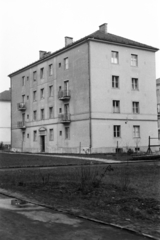 Magyarország, Budapest XI., a felvétel a Villányi út 55-65. szám alatti 181 lakásos mintalakótelepen készült, amelyet az építésügyi tisztviselők számára alakítottak ki 1954-ben., 1955, Ábrahám Katalin és László, Budapest, lakóház, poroló, bérház, Fortepan #266547