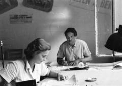 1955, Ábrahám Katalin és László, calculator, ashtray, table lamps, slogan, designer, planning, Fortepan #266678