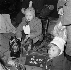 Hollandia, Leiden, Leiden Centraal vasútállomás, a felvétel 1957. február 5-én, a magyar nenekült gyermekek megérkezésekor készült., 1957, Nationaal Archief, portré, képarány: négyzetes, gyerekek, azonosító, sporttáska, Fortepan #267152