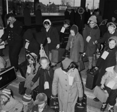 Hollandia, Leiden, Leiden Centraal vasútállomás, a felvétel 1957. február 5-én, a magyar nenekült gyermekek megérkezésekor készült., 1957, Nationaal Archief, képarány: négyzetes, gyerekek, azonosító, bőrönd, Fortepan #267170