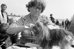 1974, Szentkuthy Ibolya, portrait, glasses, plaid shirt, dog, woman, Fortepan #267440