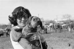 1974, Szentkuthy Ibolya, portrait, shades, hold in arms, lady, Dachshund, dog, Fortepan #267445