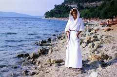 1980, Szentkuthy Ibolya, sea shore, bathrobe, colorful, Fortepan #267498