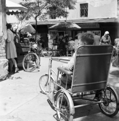 Magyarország, Győr, Virágpiac (Egység) tér., 1963, Szentkuthy Ibolya, piac, tolószék, mozgássérült, kerékpár, Fortepan #267531