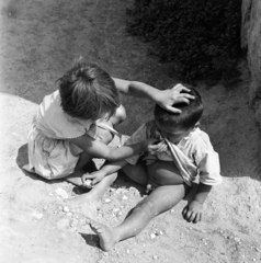 1959, Szentkuthy Ibolya, sitting on the ground, brothers, Fortepan #267557