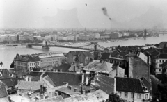 Hungary, Budapest I.,Budapest V., kilátás a Halászbástya felől a Széchenyi Lánchíd és a pesti belváros felé, jobb szélen a Hunyadi János út., 1959, Kovács Annamária, Danube, picture, Budapest, Fortepan #267626