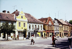 Hungary, Kőszeg, Fő (Köztársaság) tér., 1983, Barna Ádám, street view, neon sign, crosswalk, bicycle, Fortepan #267733