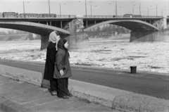 Magyarország, Budapest II., rakparti lehajtó a Bem rakpartnál, háttérben a Margit híd és a Margit-sziget, 1956, Bolvári László, jégzajlás, kíváncsiság, gyerekek, Budapest, Fortepan #267759