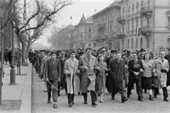 Magyarország, Budapest XIV., Thököly út, a felvonulás résztvevői mögött jobbra a Gizella út torkolata látható., 1958, Bolvári László, felvonulás, kart karba öltve, Budapest, Fortepan #267771