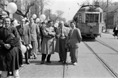 1959, Bolvári László, 1st of May parade, destination sign, public transport line number, tram, Fortepan #267798