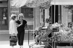 Hungary, Budapest V., a Belvárosi Közért Vállalt zöldséges standja az ekkor névtelen, ma Podmaniczky Frigyes téren. Balra a Vadásztanya vendéglő részlete látható., 1983, Glósz András, price tag, greengrocer, Budapest, Fortepan #268429