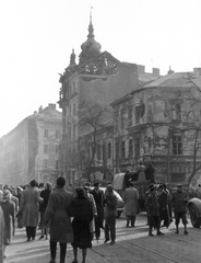 Magyarország, Budapest IX., Üllői út a Hőgyes Endre utcától a Ferenc körút felé nézve. Háttérben a Kilián laktanya., 1956, Juricza Tibor, háborús kár, forradalom, rom, Budapest, épületkár, Fortepan #26885