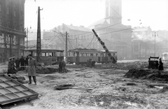 Magyarország, Budapest VIII.,Budapest IX., Kálvin tér a Múzeum körút felől nézve., 1956, Juricza Tibor, templom, háborús kár, forradalom, villamos, Budapest, Fortepan #26891