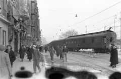 Magyarország, Budapest XII., az Alkotás utca a Déli pályaudvarnál., 1956, Juricza Tibor, vasút, forradalom, járműroncs, vagon, Budapest, Fortepan #26898