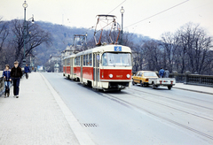 Csehország, Prága, Légió híd (most Legií)., 1986, Kanyó Béla, villamos, Skoda 105/120, híd, utánfutó, Skoda-márka, színes, Fortepan #269264