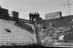 Hungary, Budapest VII., az Osvát utca 10. számú ház tetőzete a Dohány utca 57. felől nézve. A Fővárosi Kéményseprő Vállalat VII. kerületi kirendeltségének kéményseprői., 1983, Kanyó Béla, chimney sweeper, catwalk, Budapest, Fortepan #269368