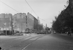 Magyarország, Budapest V.,Budapest VI., Bajcsy-Zsilinszky út a Deák Ferenc tér felől nézve, jobbra az Anker köz., 1955, UVATERV, építkezés, villamos, tűzfal, metróépítés, Budapest, Fortepan #26995