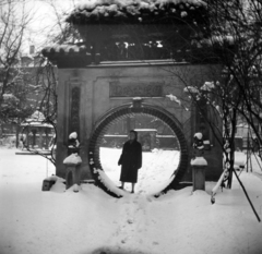 Magyarország, Budapest VI., Andrássy út 103., Hopp Ferenc Kelet-ázsiai Művészeti Múzeum., 1958, Vozárik Edit, Budapest, hó, felirat, Fortepan #270160