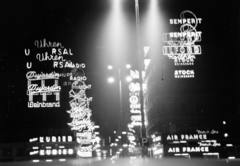 Austria, Vienna, Kärntner Straße és a Philharmonikerstraße/Walfischgasse keresztezödése a Mahlerstraße felöl nézve., 1961, Vozárik Edit, neon sign, night, erroneous photo, floodlighting, Fortepan #270188