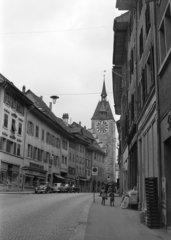 Switzerland, Bremgarten, Marktgasse, szemben a Spittelturm., 1962, Vozárik Edit, church, street view, Fortepan #270373