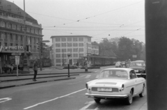 Switzerland, Basel, Aeschenplatz., 1965, Ungváry Rudolf, road signs, tram, number plate, Fortepan #270518