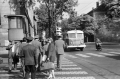 Hungary, Budapest XIII., Lehel utca, balra a háttérben a Dózsa György út 136., Általános Iskola (később Ének-zenei és Testnevelési Általános Iskola) épülete látható., 1965, Ungváry Rudolf, Best of, trolley bus, motorcycle, Budapest, Fortepan #270576