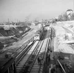 Hungary, Budapest XIII.,Budapest IV., Béke utcai közúti aluljáró építkezése, a Madridi utca és az Angyalföld kocsiszín felé nézve., 1955, UVATERV, Budapest, construction, tram, rails, Fortepan #270706