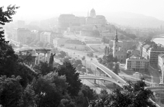 Magyarország, Budapest I., kilátás a Gellérthegyről a Szent Gellért emlékműre, a Döbrentei térre és a Királyi Palotára., 1967, Drimbe József, Budapest, Szent Gellért-ábrázolás, Fortepan #27077