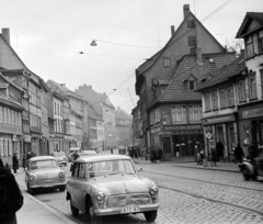 Németország, Erfurt, Johannisstraße (Leninstraße) a Gotthardstraße sarkánál, az Anger felé nézve., 1963, Fodor András örökösei, AWZ P70 Zwickau, NDK, Fortepan #270869