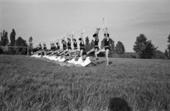 Magyarország, Pécs, Ifjúság útja 6., a Pedagógiai Főiskola (később Pécsi Tudományegyetem) sportpályája., 1958, Lipovits Károly, mutatvány, libasor, egy lábon állni, Fortepan #271247