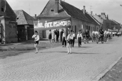 Magyarország, Csorna, Soproni út (Vörös Hadsereg útja), május 1-i felvonulás, háttérben távolabb a Szent István (Szabadság) tér melletti épületek láthatók., 1964, Lipovits Károly, Fortepan #271342