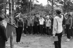 1965, Lipovits Károly, pioneer, flag raising, salute, Young Pioneer camp, Fortepan #271379