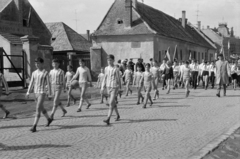 Magyarország, Csorna, Soproni út (Vörös Hadsereg útja), május 1-i felvonulás, háttérben távolabb a Szent István (Szabadság) tér melletti épületek láthatók., 1964, Lipovits Károly, Fortepan #271494