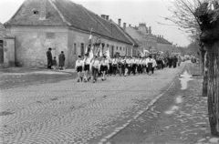 Magyarország, Csorna, Soproni út (Vörös Hadsereg útja), május 1-i felvonulás, háttérben távolabb a Szent István (Szabadság) tér melletti épületek láthatók., 1964, Lipovits Károly, Fortepan #271529