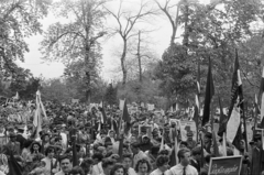 1960, Lipovits Károly, flag, festive, mass, 1st of May parade, Fortepan #271583