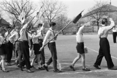 Hungary, Csorna, Árpád utca, ünnepség résztvevői az általános iskola udvarán (később Széchenyi István Általános Iskola)., 1959, Lipovits Károly, Best of, flag, salute, warrant, Fortepan #271729