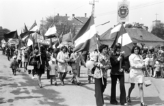 Hungary, Csorna, Szent István (Szabadság) tér, jobbra a háttérben a Jézus Szíve-templom egyik tornya. Május 1-i felvonulás., 1975, Lipovits Károly, Fortepan #271941