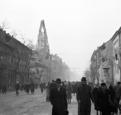 Magyarország, Budapest VIII.,Budapest IX., Üllői út a Szigony utca irányából nézve, balra az Örökimádás templom tornya., 1956, Papp Dezső, épületkár, képarány: négyzetes, templom, Budapest, forradalom, Fortepan #272720