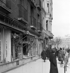 Magyarország, Budapest XII., Magyar Jakobinusok tere, felvétel a 2-3 számú ház előtt készült, szemben a Vérmezőn túl, az Attila út mellett az általános iskola épülete (később Kosztolányi Dezső Gimnázium) épülete látható., 1956, Papp Dezső, képarány: négyzetes, kirakat, Budapest, Fortepan #272736