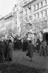 Magyarország, Budapest IX., Ferenc körút a Tompa utca közelében, a szovjet tarack mögött a 29. számú ház., 1956, Papp Dezső, utcakép, zöldséges, löveg, bérház, Budapest, Fortepan #272762