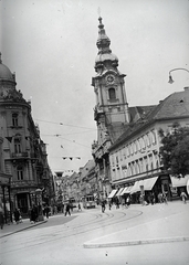 Ausztria, Graz, az Am Eisernen Tor felől a Herrengasse felé, balra a Stubenberggasse, jobbra a Hans-Sachs-Gasse, szemben a Grazer Stadtpfarrkirche., 1927, Fortepan/Album085, villamos, kerékpár, Fortepan #272834