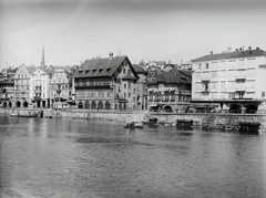 Svájc, Zürich, Limmatquai, középen a Haus um Rüden., 1908, Flanek-Falvay-Kováts, villamos, állatkert, evezés, csónakázás, Fortepan #272918