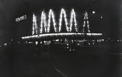 Magyarország, Budapest IX., Fenyves Áruház (később Kálvin téri Áruház) a Kálvin tér - Lónyay utca sarkán., 1930, Flanek-Falvay-Kováts, Budapest, neonreklám, éjszaka, díszkivilágítás, Fortepan #272937