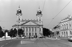 Hungary, Debrecen, Kossuth tér, a Kossuth-szoborcsoport és a Református Nagytemplom., 1967, Schermann Ákos, clock tower, tram, Fortepan #273048