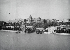 Hungary, Budapest I., a Királyi Palota (később Budavári Palota) és a Széchenyi Lánchíd budai hídfőjének újjáépítése Pest felől., 1948, Ladinek Viktor, war damage, wrecked bridge, palace, picture, Budapest, Fortepan #273180