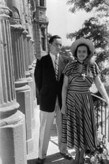 1948, Kern család, lady, gentleman, tie, straw hat, striped dress, suit, balcony, Fortepan #273220