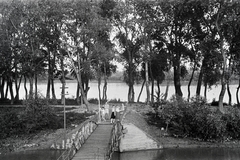 Hungary, Budakalász, Lupa-sziget, a felvétel a kikötőben készült., 1949, Kern család, shore, wood, wooden bridge, Fortepan #273252